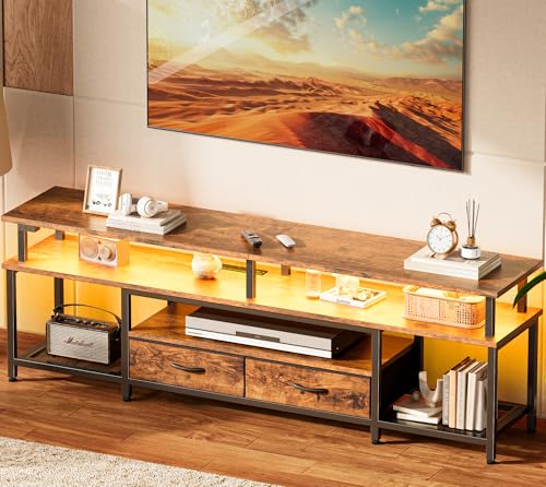 Rustic Brown TV Stand with LED Lights and Outlets