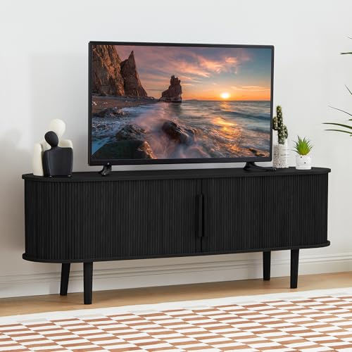 Modern Black TV Stand with Storage and Sliding Door