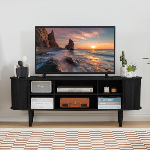 Modern Black TV Stand with Storage and Sliding Door