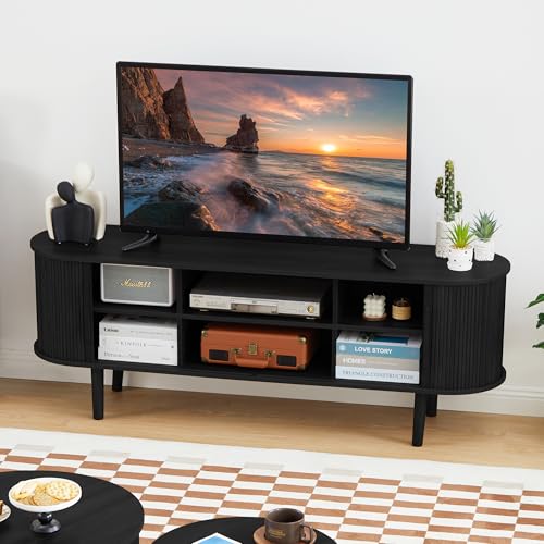 Modern Black TV Stand with Storage and Sliding Door