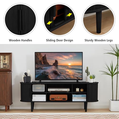 Modern Black TV Stand with Storage and Sliding Door