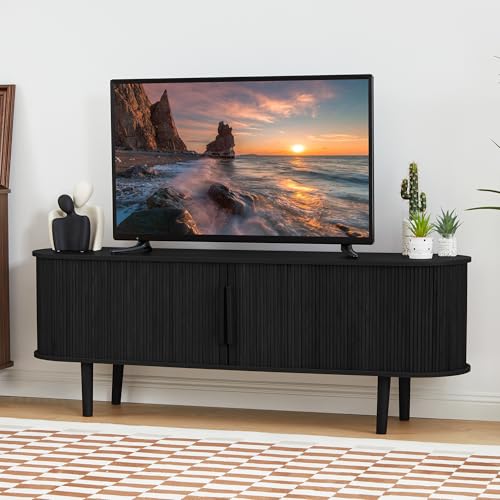 Modern Black TV Stand with Storage and Sliding Door