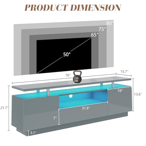 Modern 70" TV Stand with LED Light, Grey