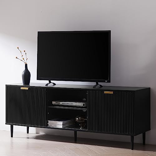 Modern Black TV Stand with Sliding Doors and Storage