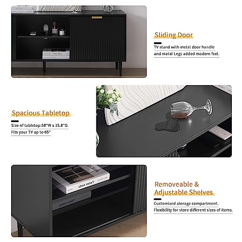 Modern Black TV Stand with Sliding Doors and Storage