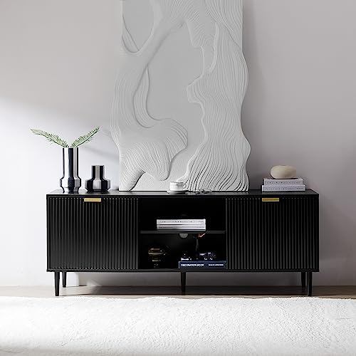 Modern Black TV Stand with Sliding Doors and Storage