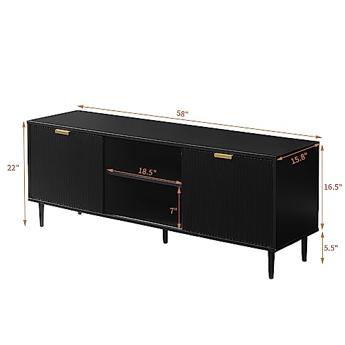 Modern Black TV Stand with Sliding Doors and Storage