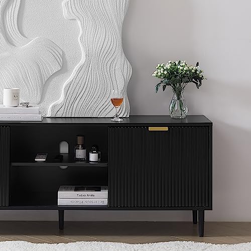 Modern Black TV Stand with Sliding Doors and Storage
