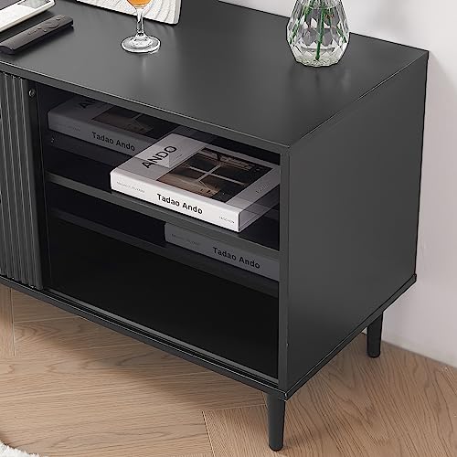 Modern Black TV Stand with Sliding Doors and Storage