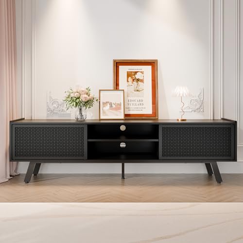 Modern Black TV Stand with Sliding Door Storage