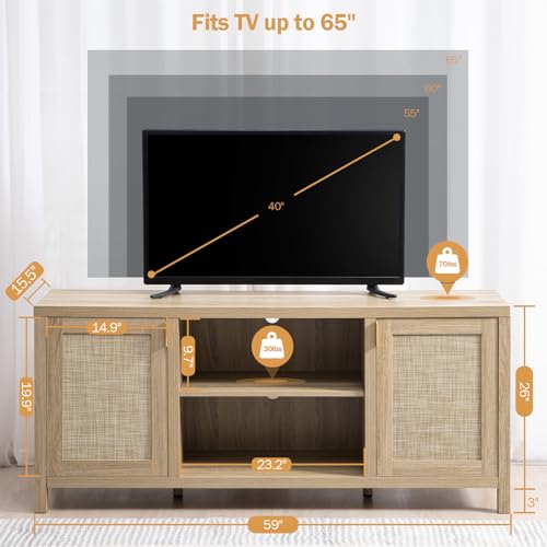 Rattan TV Stand with Storage - Boho Style