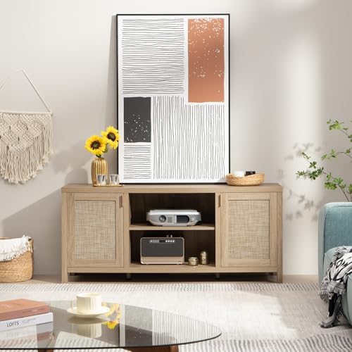 Rattan TV Stand with Storage - Boho Style