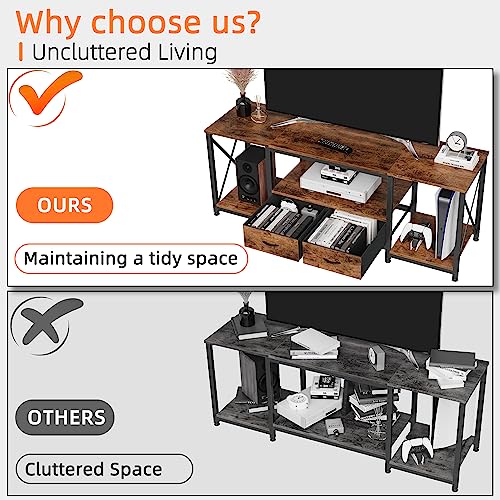 Rustic Brown Industrial TV Stand with Fabric Drawers