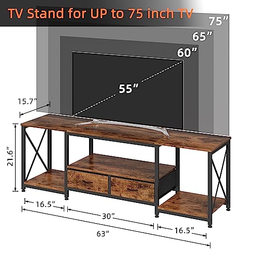 Rustic Brown Industrial TV Stand with Fabric Drawers