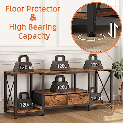 Rustic Brown Industrial TV Stand with Fabric Drawers