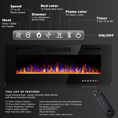 BOSSIN 50" Ultra-Thin Recessed Electric Fireplace