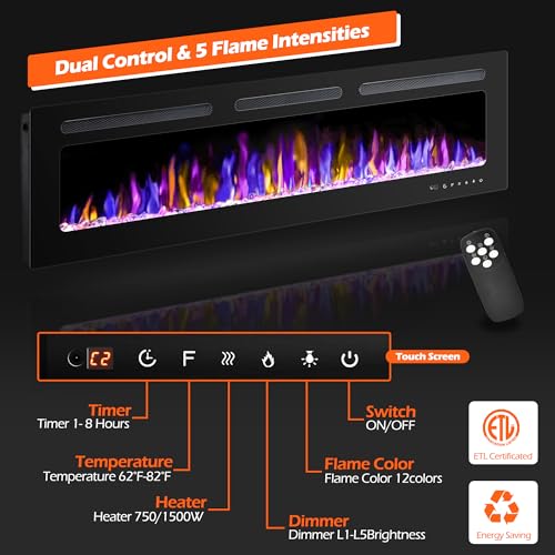 60" Wall-Mounted Electric Fireplace with Remote Control