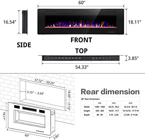 R.W.FLAME 60" Recessed Electric Fireplace with Remote