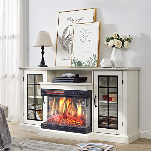 3-Sided Glass Fireplace TV Stand in Distressed White