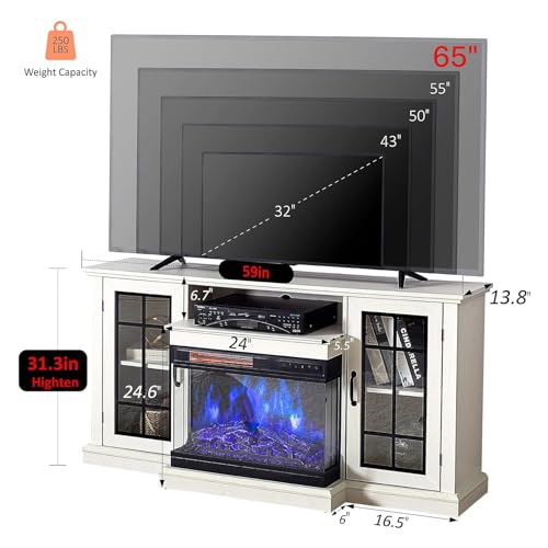 3-Sided Glass Fireplace TV Stand in Distressed White