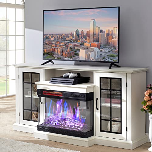 3-Sided Glass Fireplace TV Stand in Distressed White
