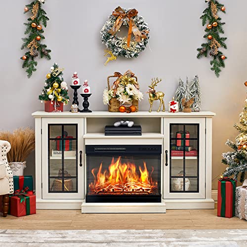 3-Sided Glass Fireplace TV Stand in Distressed White