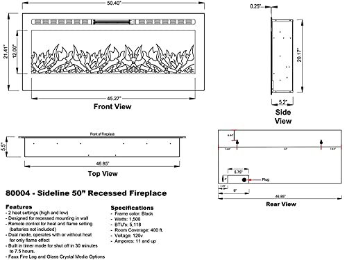 Sideline Smart Electric Fireplace – 50 Inch, Black