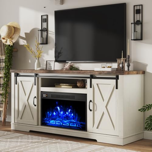 Farmhouse Fireplace TV Stand with Sliding Barn Door