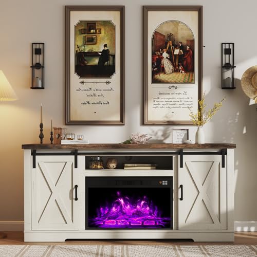 Farmhouse Fireplace TV Stand with Sliding Barn Door