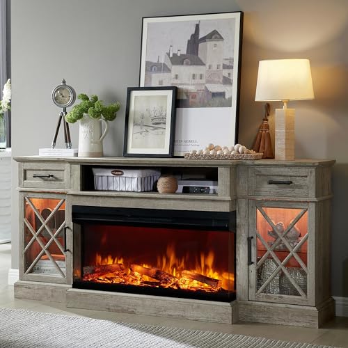 Rustic Oak 3-Sided Glass Fireplace TV Stand