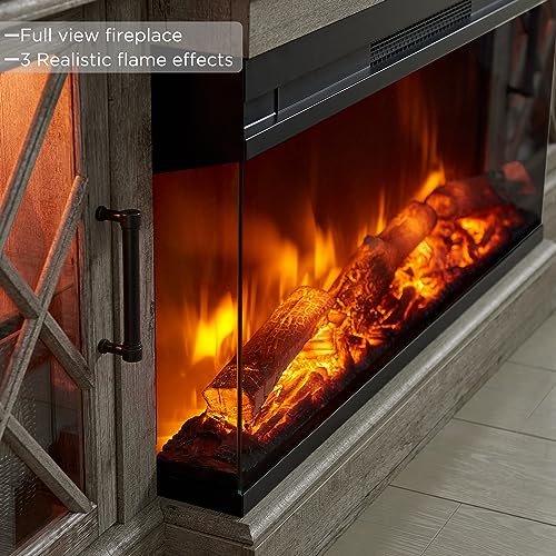 Rustic Oak 3-Sided Glass Fireplace TV Stand