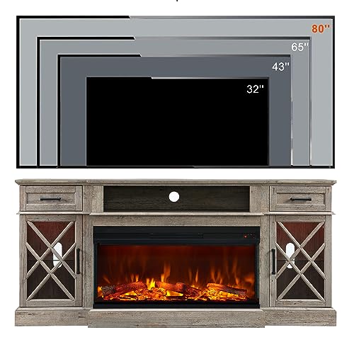 Rustic Oak 3-Sided Glass Fireplace TV Stand