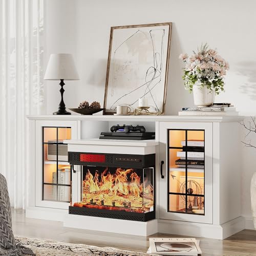 59'' Fireplace TV Stand with Glass Doors - White