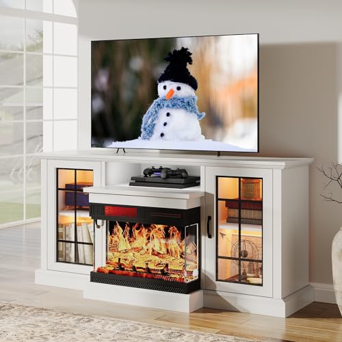 59'' Fireplace TV Stand with Glass Doors - White