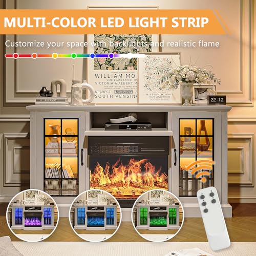 59'' Fireplace TV Stand with Glass Doors - White