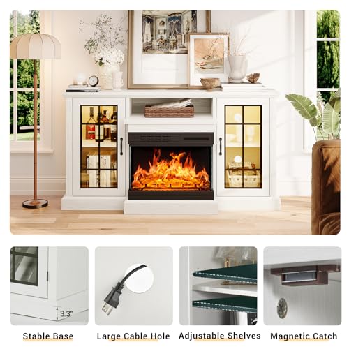 59'' Fireplace TV Stand with Glass Doors - White
