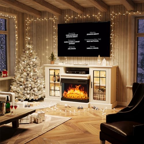 59'' Fireplace TV Stand with Glass Doors - White