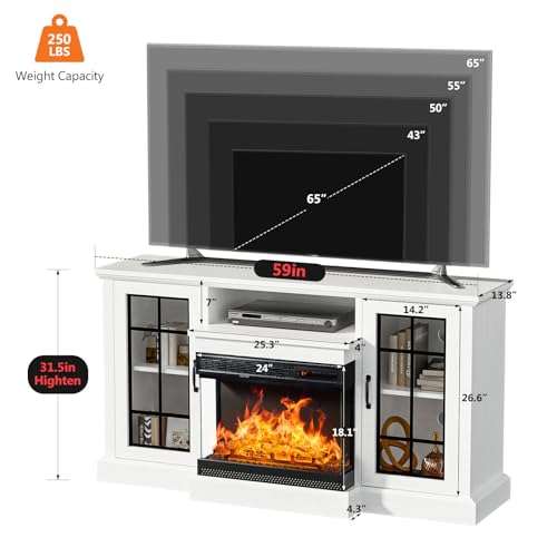 59'' Fireplace TV Stand with Glass Doors - White