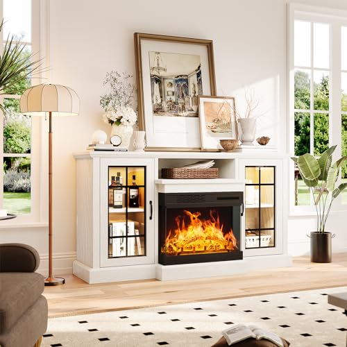 59'' Fireplace TV Stand with Glass Doors - White