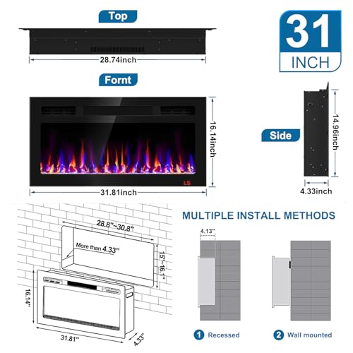 31-Inch Recessed Electric Fireplace with Remote Control