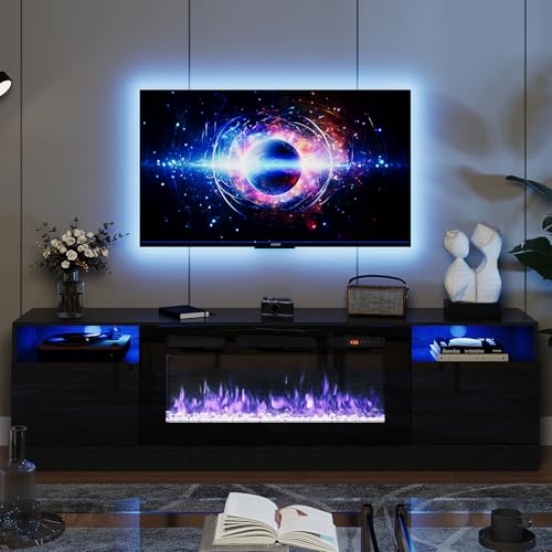 Modern Fireplace TV Stand with LED Lights, Black