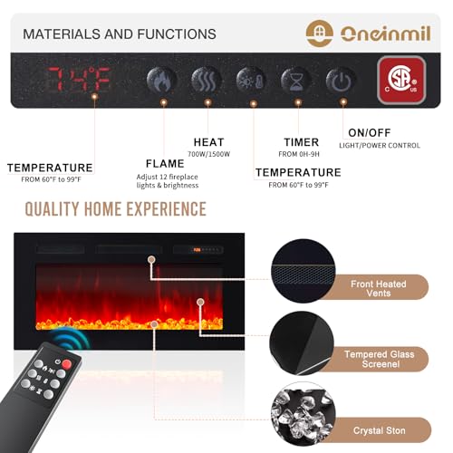 Modern Fireplace TV Stand with LED Lights, Black