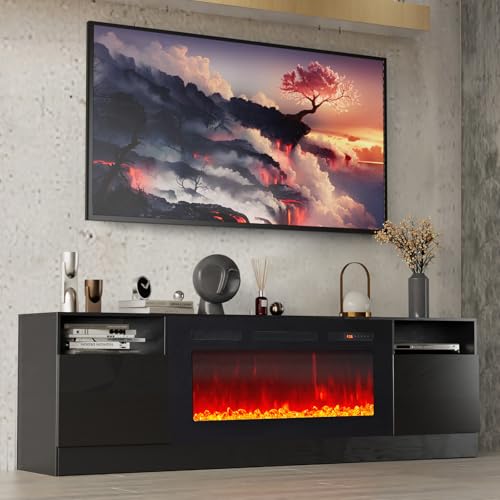 Modern Fireplace TV Stand with LED Lights, Black
