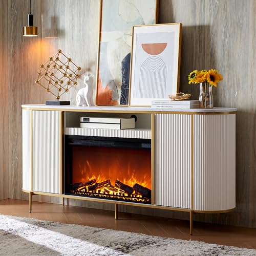 Fluted Fireplace TV Stand with Faux Marble Top