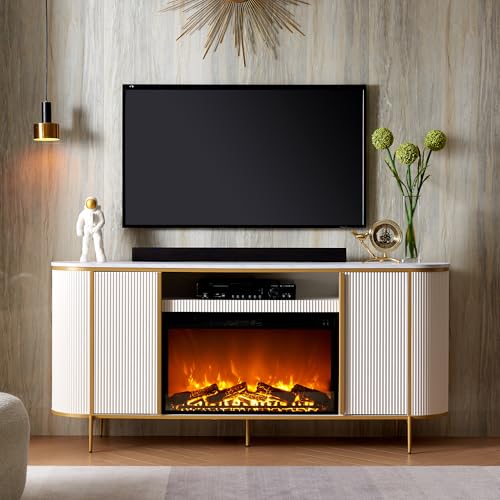 Fluted Fireplace TV Stand with Faux Marble Top