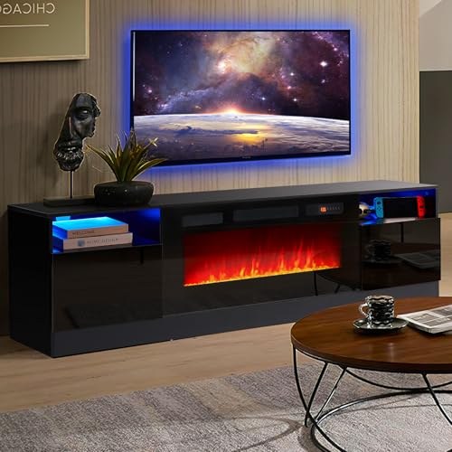 Modern Fireplace TV Stand with LED Lights, Black