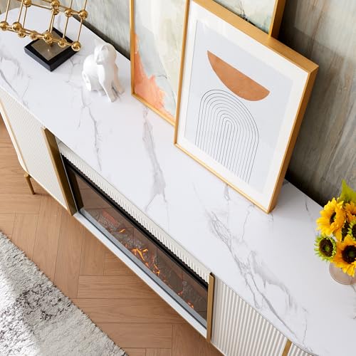 Fluted Fireplace TV Stand with Faux Marble Top