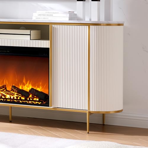 Fluted Fireplace TV Stand with Faux Marble Top