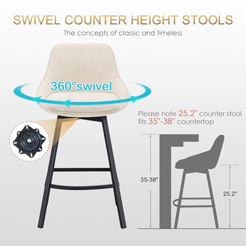 Modern Beige Swivel Counter Height Bar Stools - Set of 2