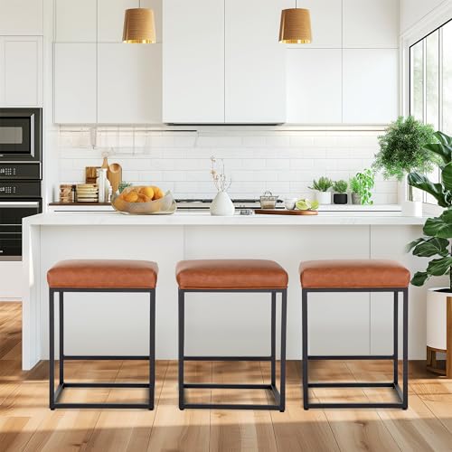 Set of 3 Modern Backless Bar Stools, Brown